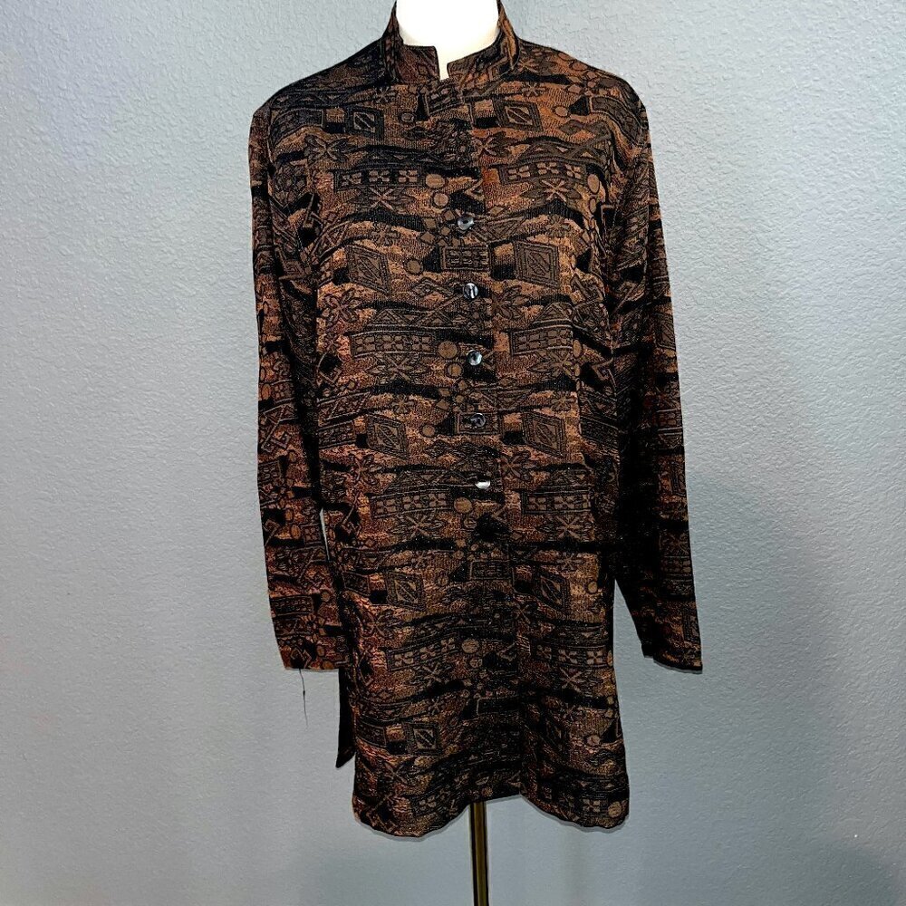 CHICO'S Black & Copper Metallic Sparkly Button Long Line Nehru Collar Jacket 2